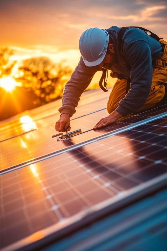 Technician installing solar panels at sunset